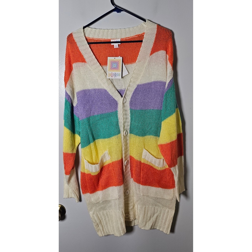 LuLaRoe Lucille Rainbow Stripe Cardigan Sweater Medium NWT Button Front Pockets